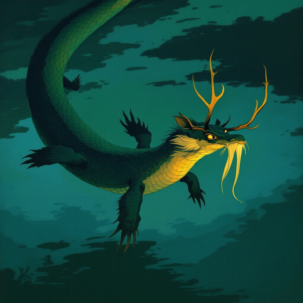 Hebo Joaquin — the green river-dragon of JADA, Earl of the San Joaquin, with stag antlers, carp scales, and long delta-reed whiskers, coiling beneath a wooden hull at the moment of launch